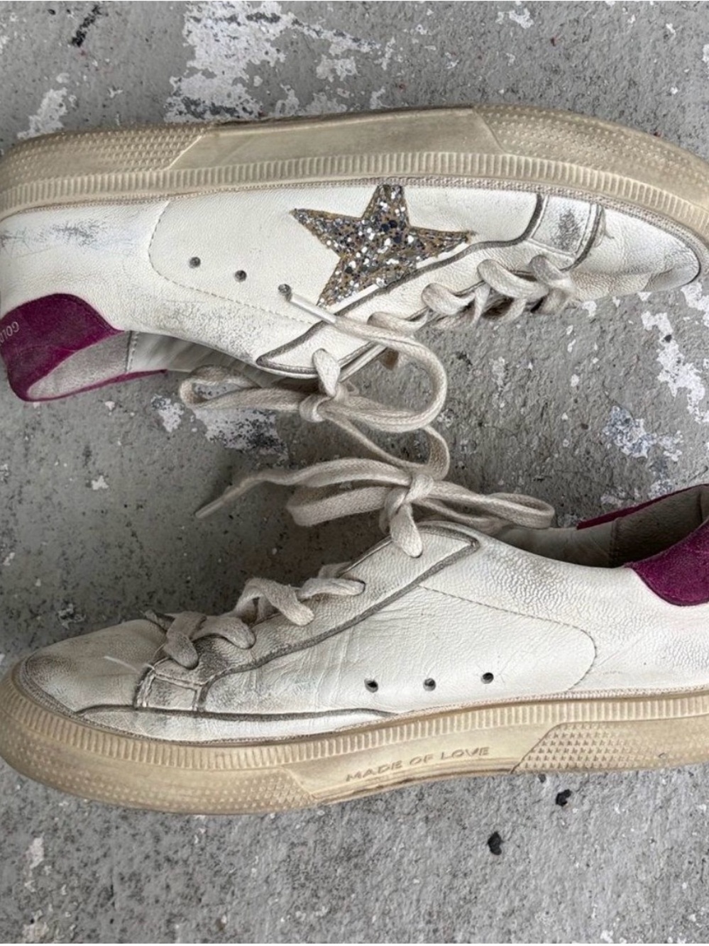 Golden Goose Kids White Sneakers with Pink Heel and Gold Glitter Star